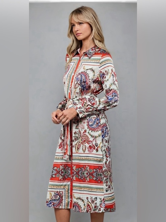 NWT Cream Paisley Print Button-Front Shirt Dress with tie belt 🌺🌹🌸  BB - Picture 6 of 9